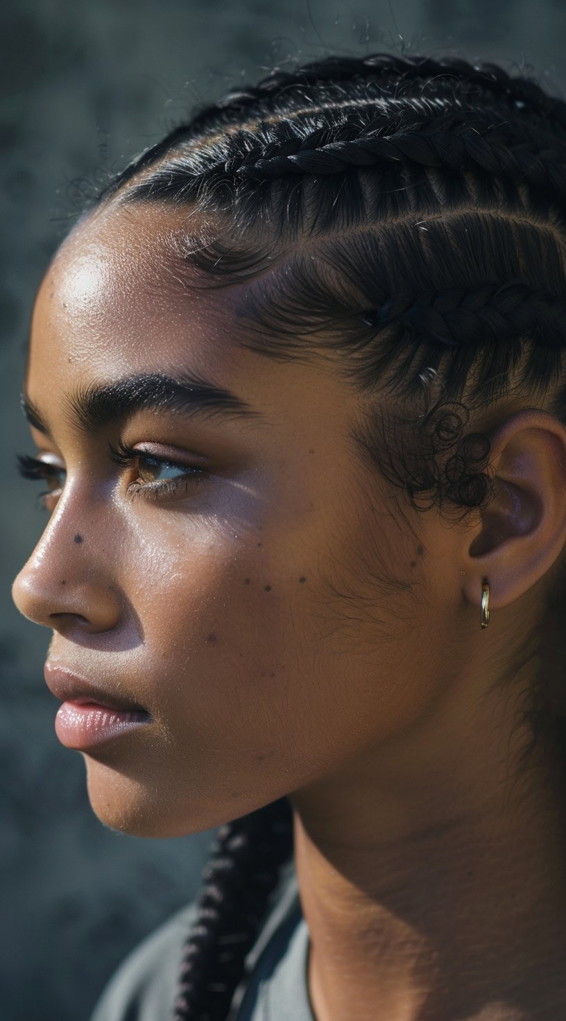 A close-up side profile of a woman with neat cornrows, highlighting her smooth skin and natural beauty.