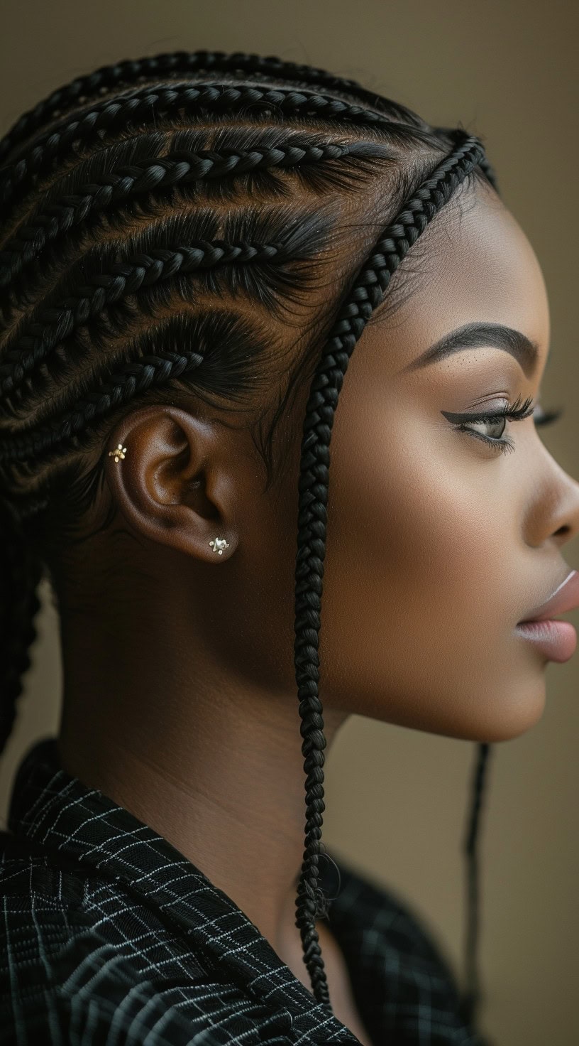 Intricately braided cornrows on a young woman, viewed from the side.