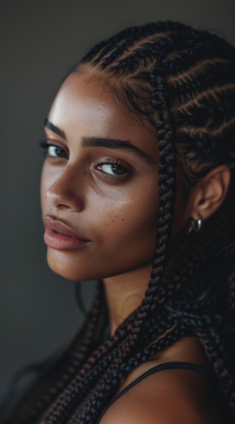 Cornrows are tight braids close to the scalp, styled in straight rows, seen on a young woman.