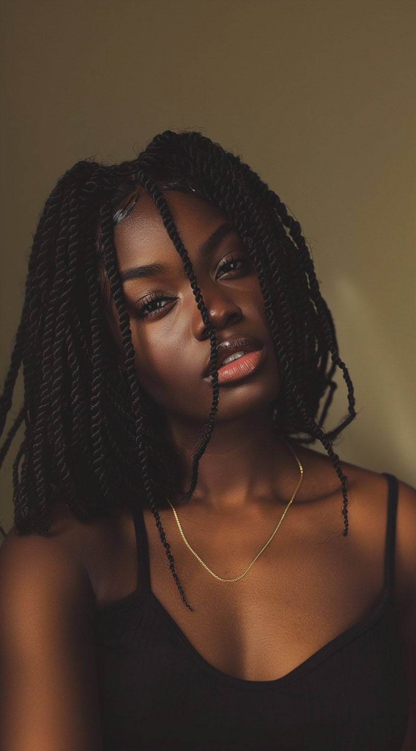 Crochet braids styled in a loose, curly pattern on a young woman with an off-shoulder floral top.