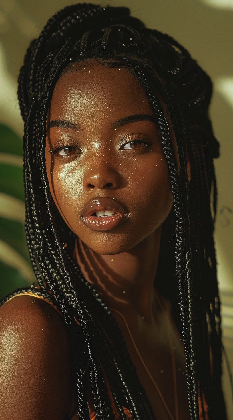 Portrait of a woman with crochet braids adorned with small decorative accents.