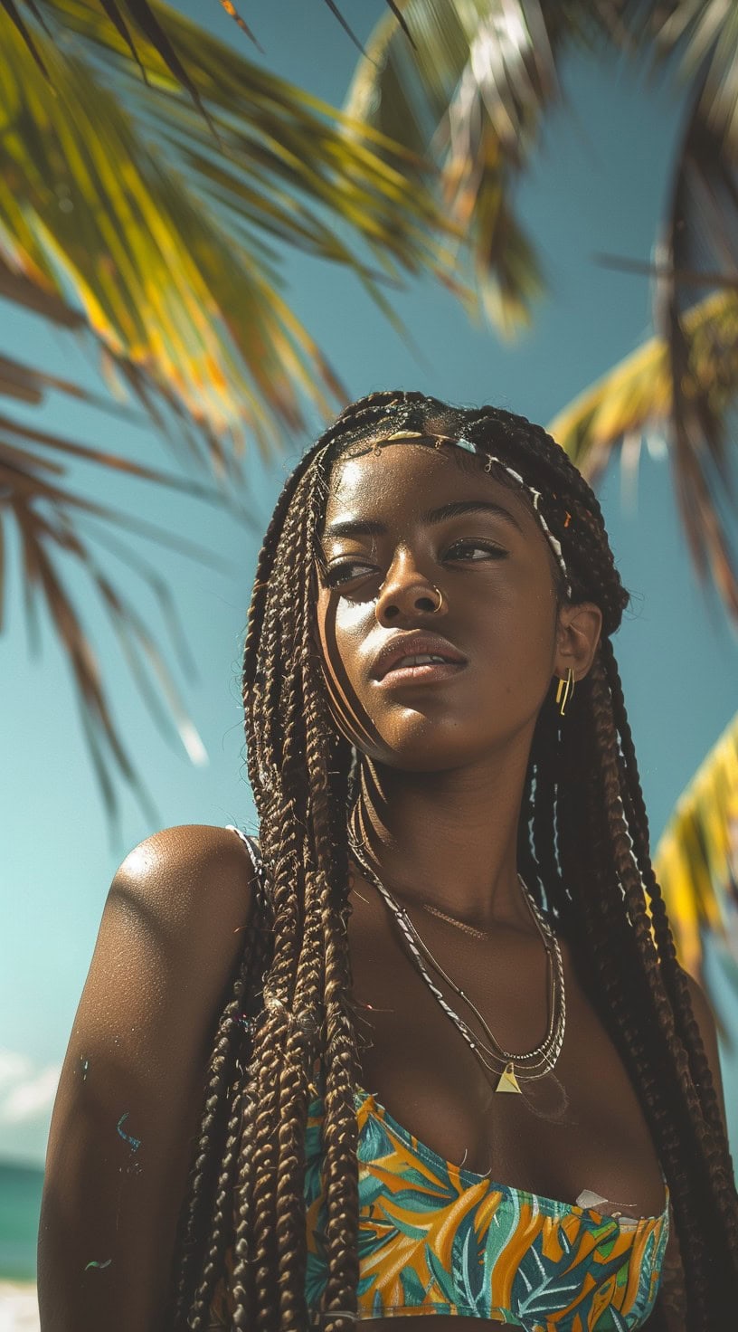 In the photo, a woman with long crochet braids is standing in front of palm trees.