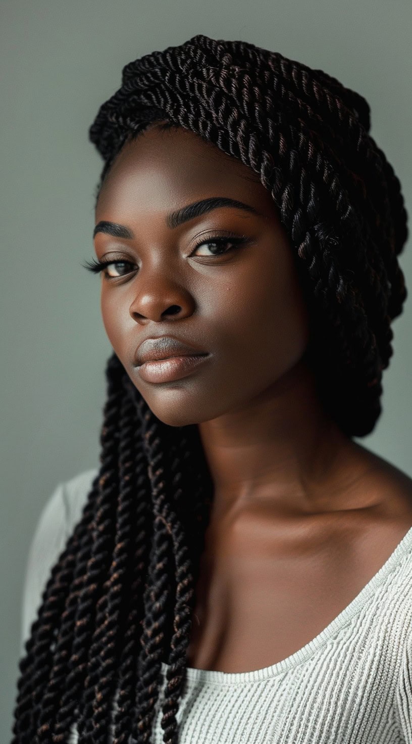 Portrait of a woman with crochet twists, wearing a white top.