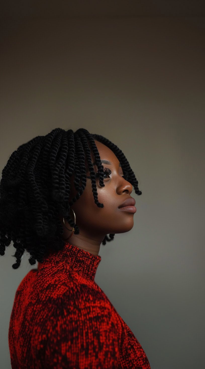 Crochet twists styled in a bob cut on a woman wearing a red patterned sweater.