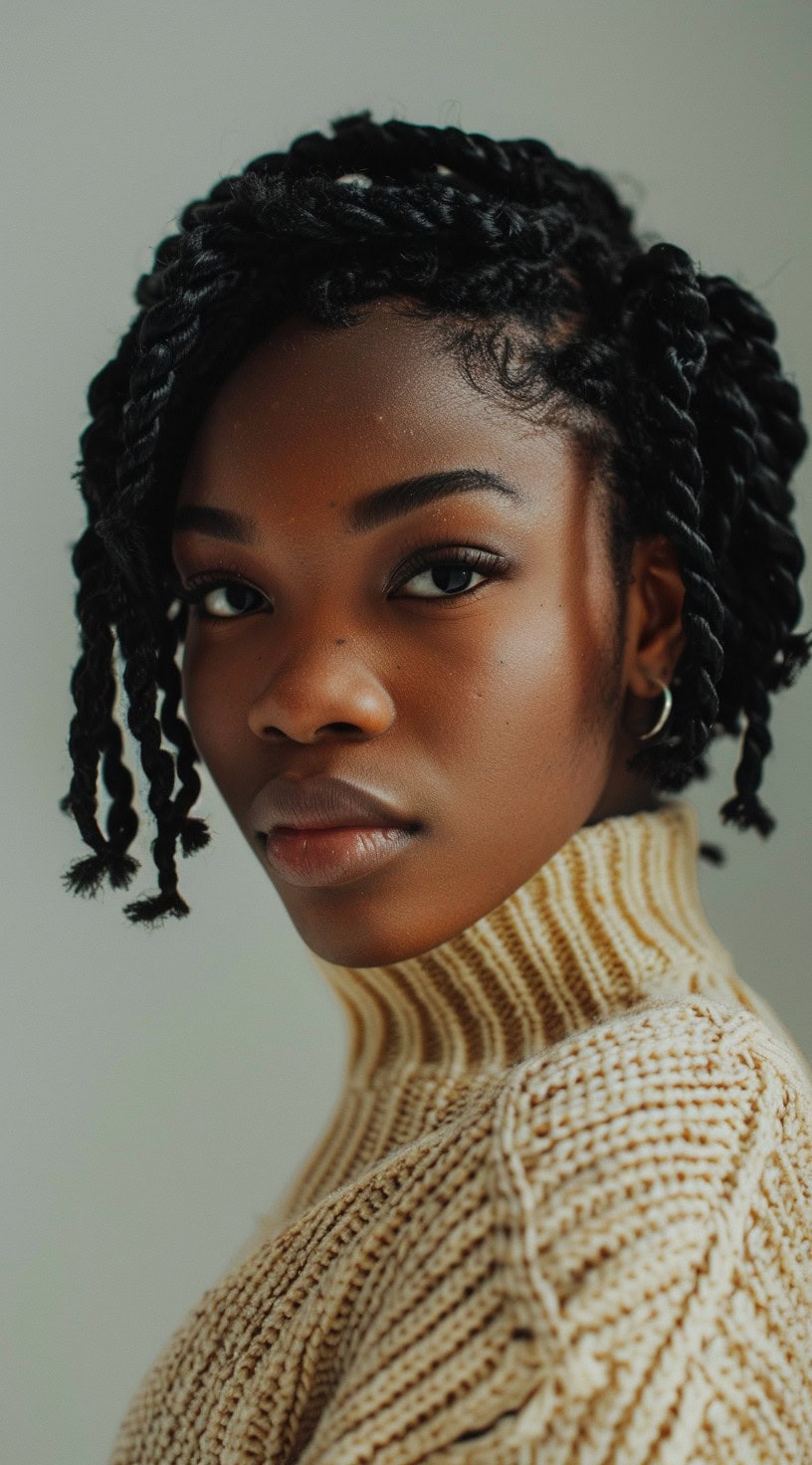 The photo shows a woman with cropped crochet twists and defined edges.