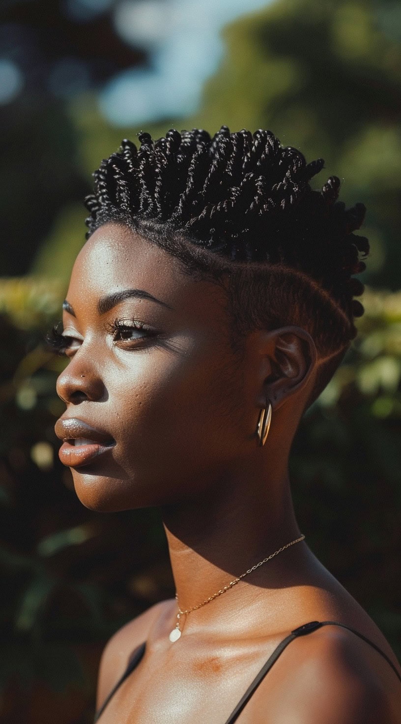 The image displays a woman with cropped crochet twists complemented by a fade.