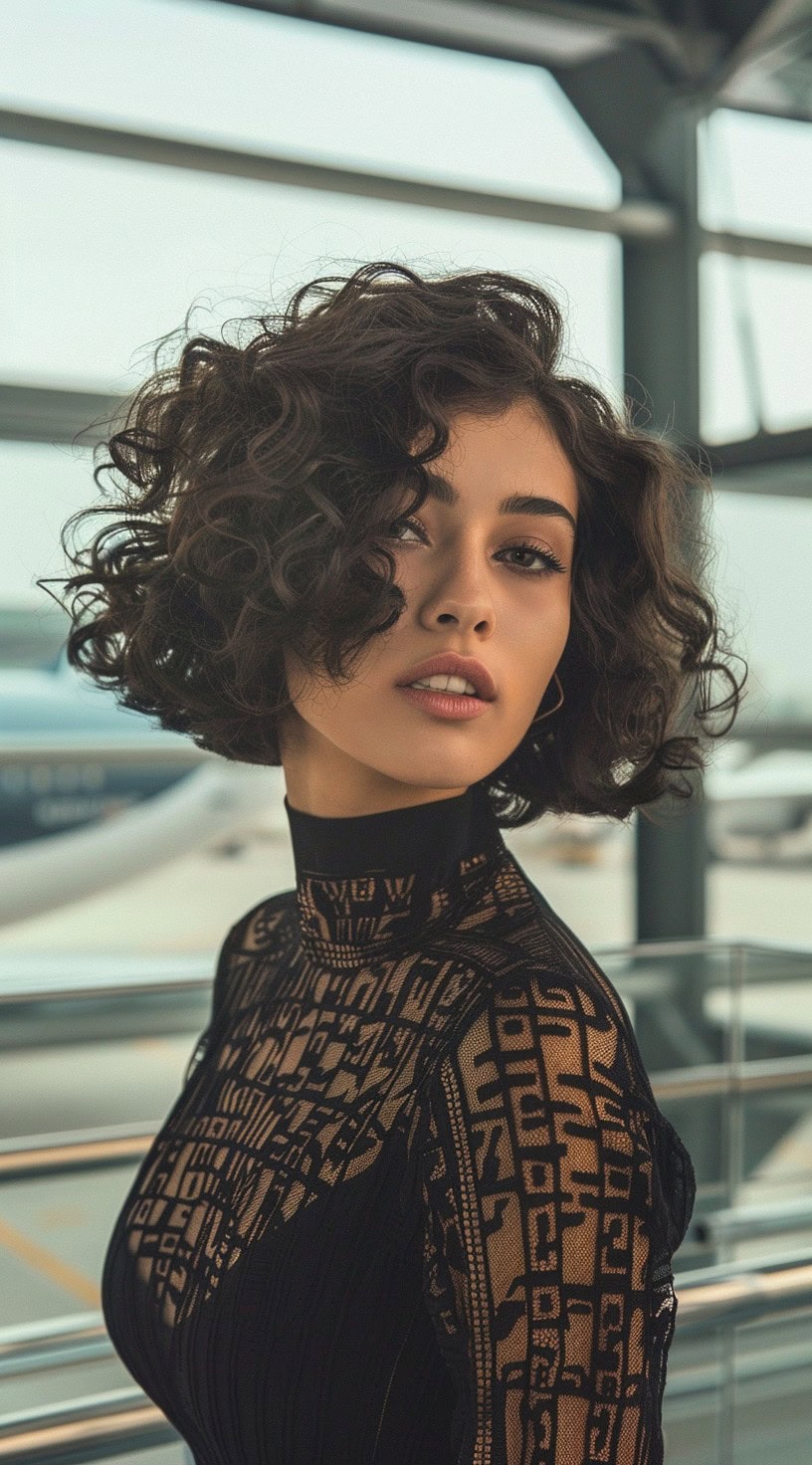 A woman with a curly bob hairstyle and a side part standing in an airport.