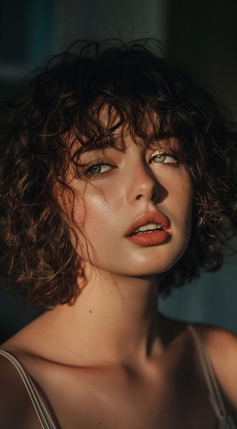 Young woman with a curly bob and wispy bangs, illuminated by soft sunlight.