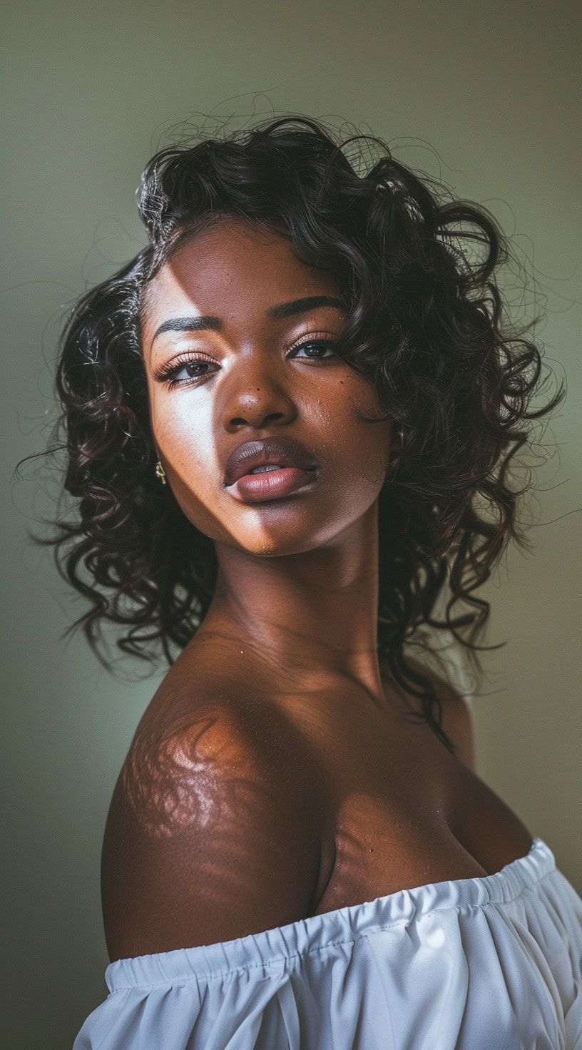 A woman with a curly bob wearing an off-shoulder white blouse, with soft lighting highlighting her features.