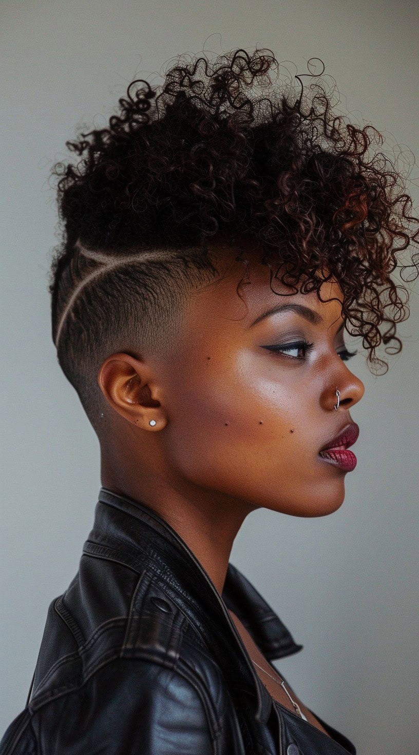 Curly faux hawk features short, tightly curled hair on top with shaved sides, viewed in profile.