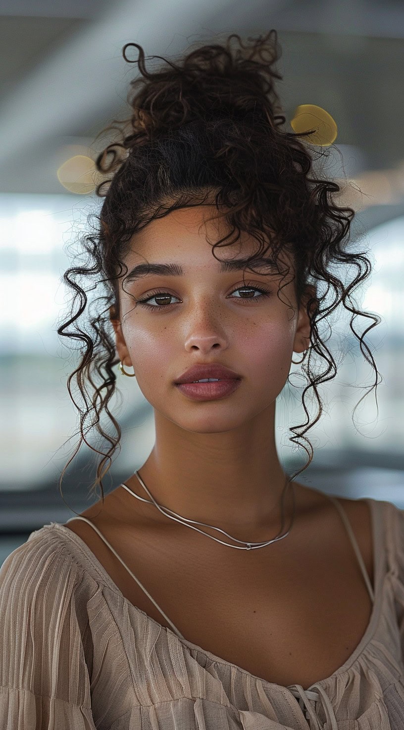 This photo shows a woman with a high bun and curly tendrils framing her face.