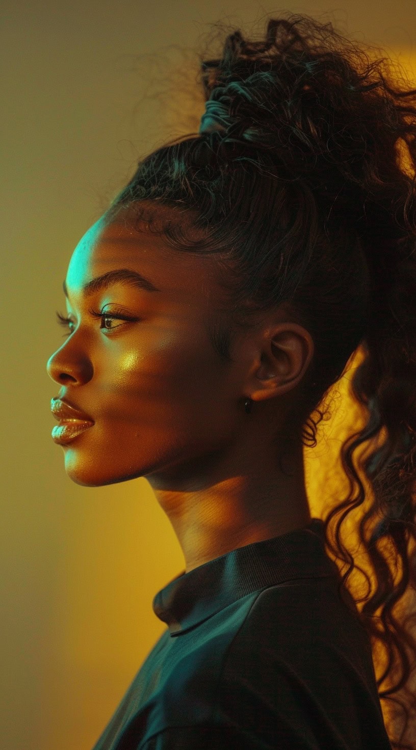 A side profile of a woman with a curly high ponytail, bathed in warm, golden lighting.