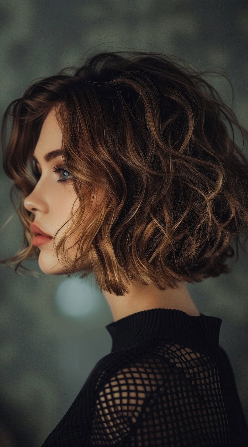 This image shows a side profile of a woman with a curly stacked bob with highlights, featuring rich, multi-tonal curls.