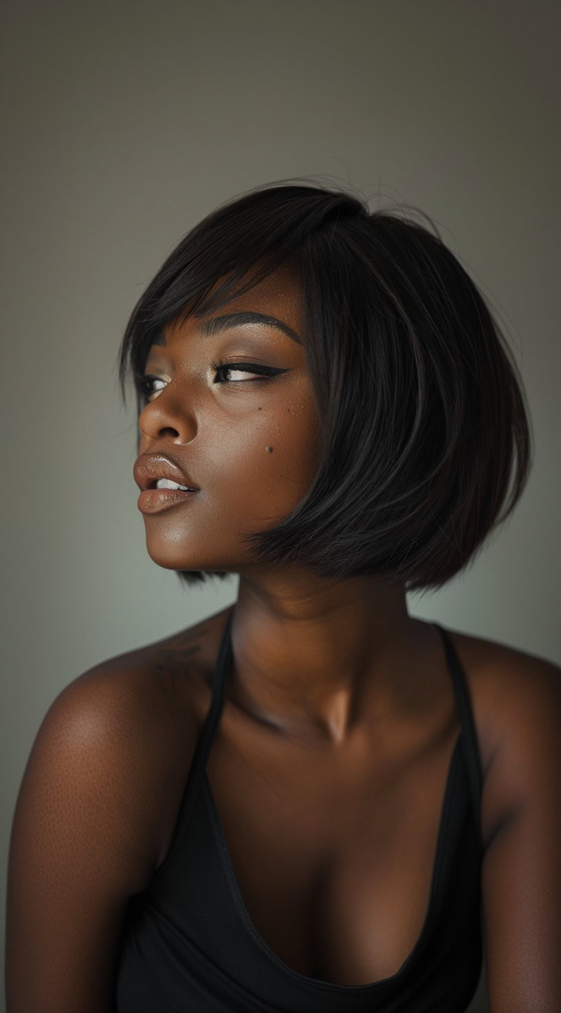 Profile view of a woman with a curved bob haircut and side-swept bangs, wearing a black halter top.