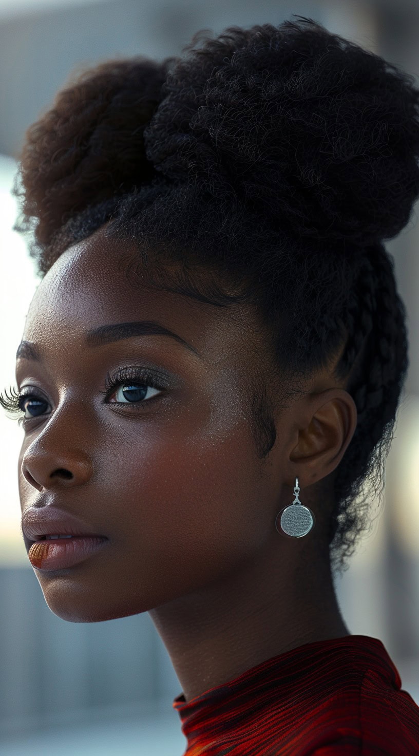 Double afro puffs styled high on the head of a young woman with elegant earrings.