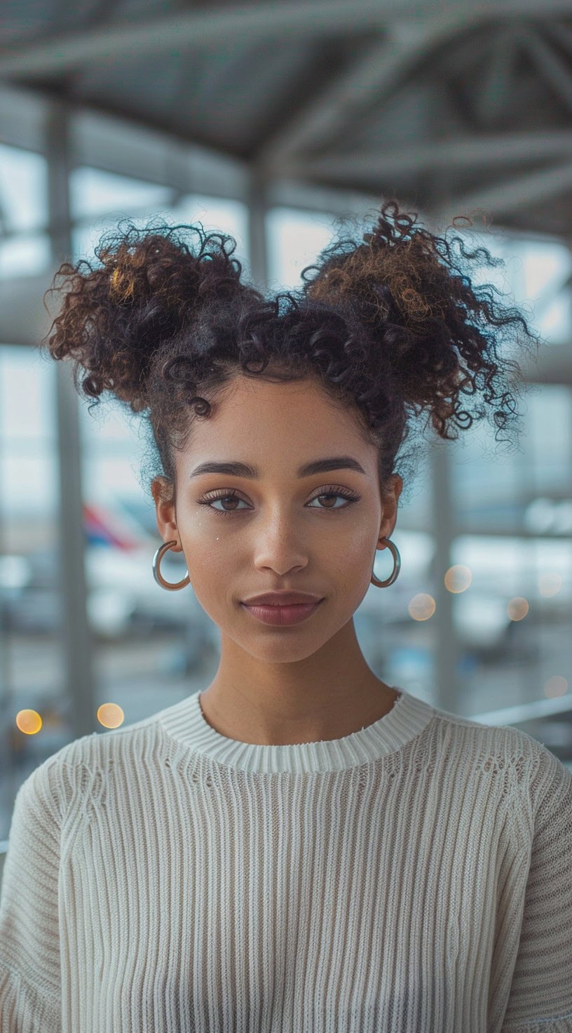 This photo shows a woman with two high buns on either side of her head.