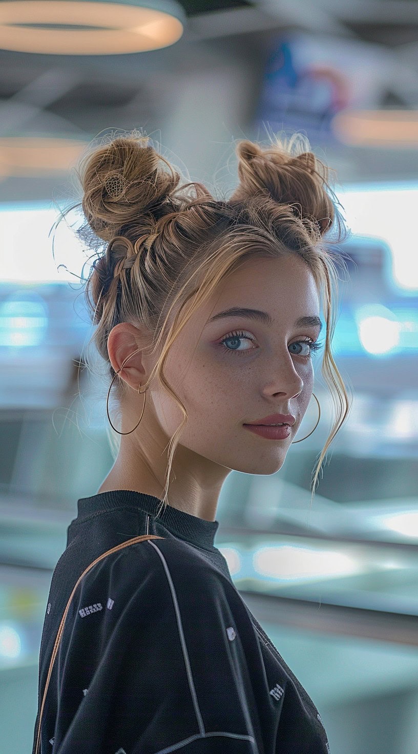 A woman with two high buns and tendrils framing her face.