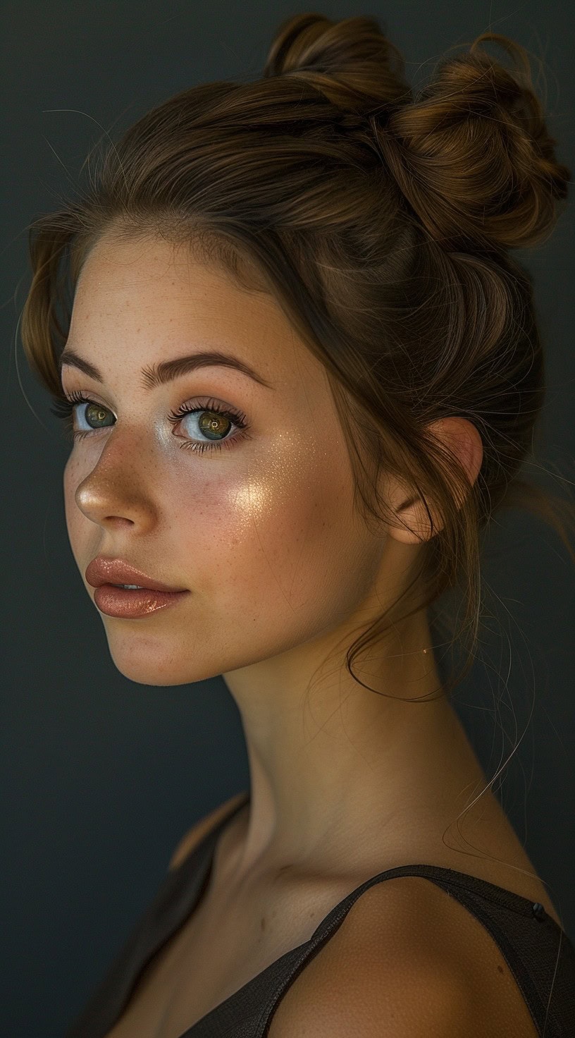 In this photo, a young woman with double buns and glittery eye makeup is looking over her shoulder.