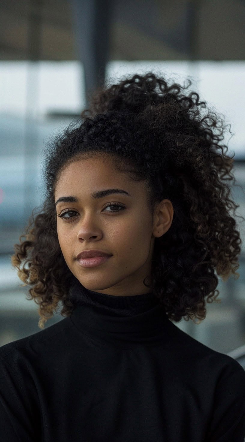 This photo shows a woman with curly hair styled in a half-up, half-down hairstyle.