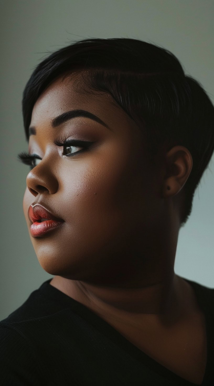 This image shows a black woman with a sleek pixie cut, side-swept bangs adding a soft and elegant touch.