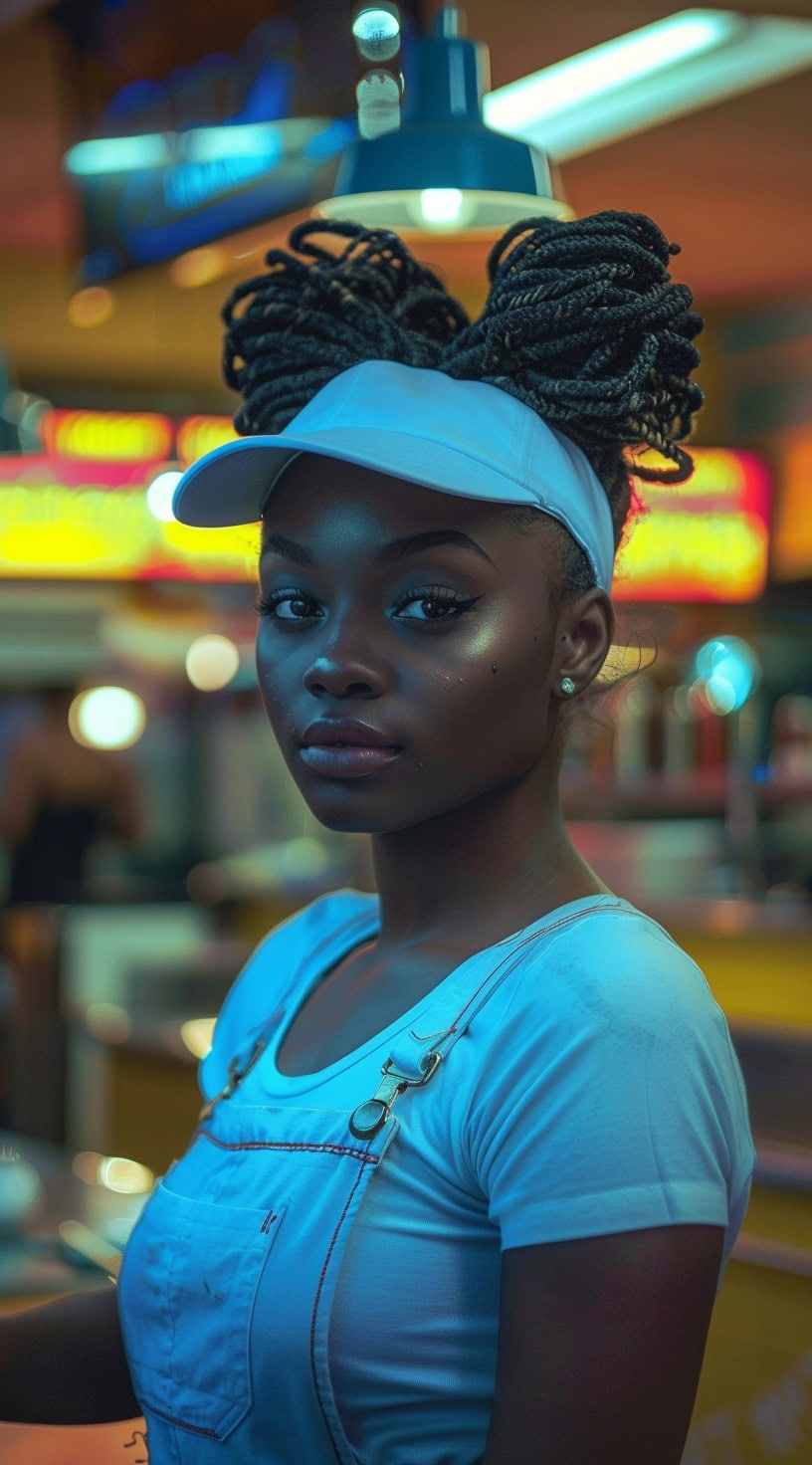 Portrait of a woman with twist space buns and a visor, lit by vibrant indoor lighting.