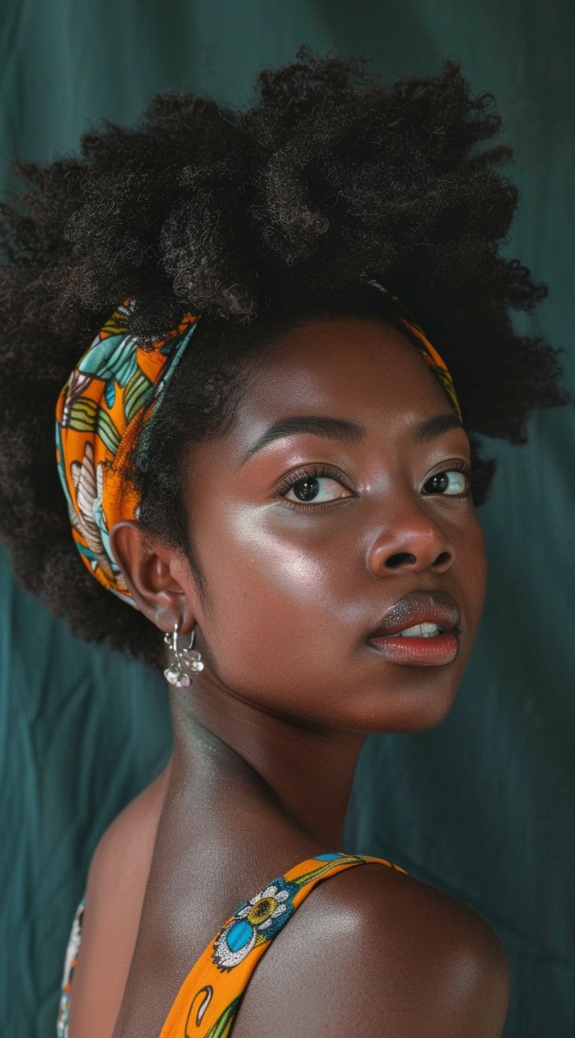 In this photo, a woman with 4c hair styled with a decorative headband.