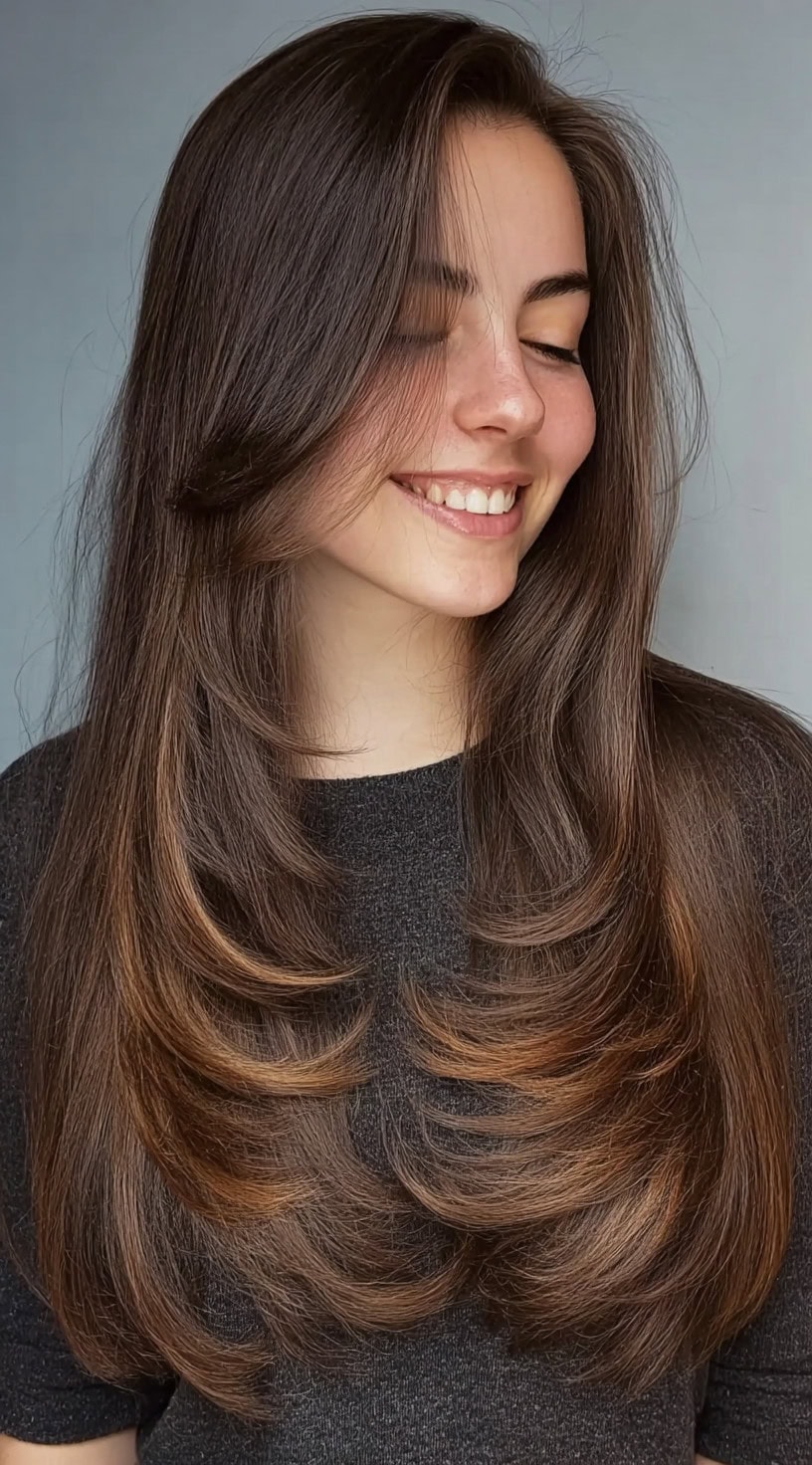 Long hair with deep contouring layers that curve beautifully at the ends for a soft, flowing finish.
