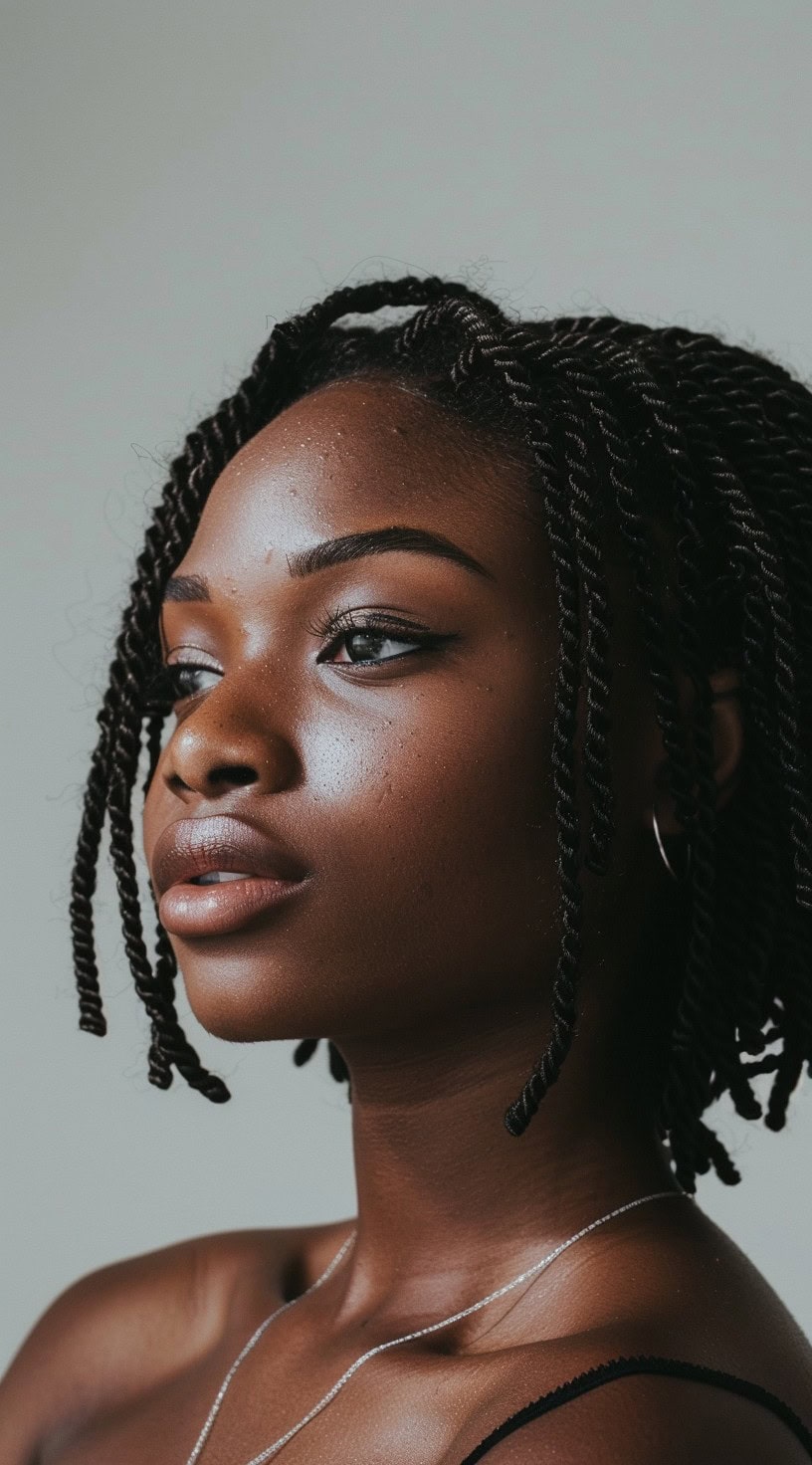 The photo shows a woman with a defined bob featuring neatly styled crochet twists.