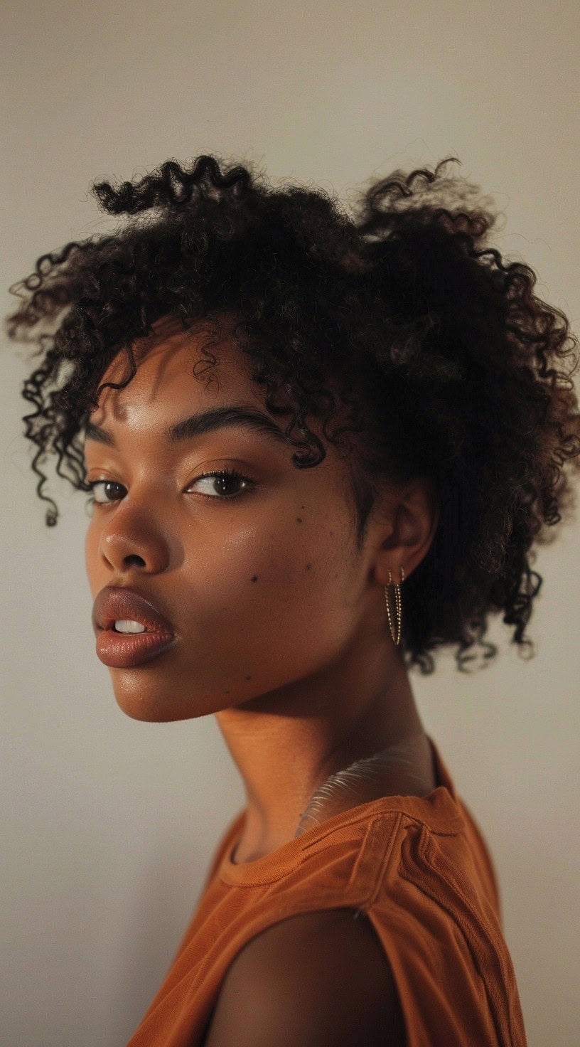 A young black woman with defined curls and a lot of volume, wearing an orange top and looking over her shoulder.