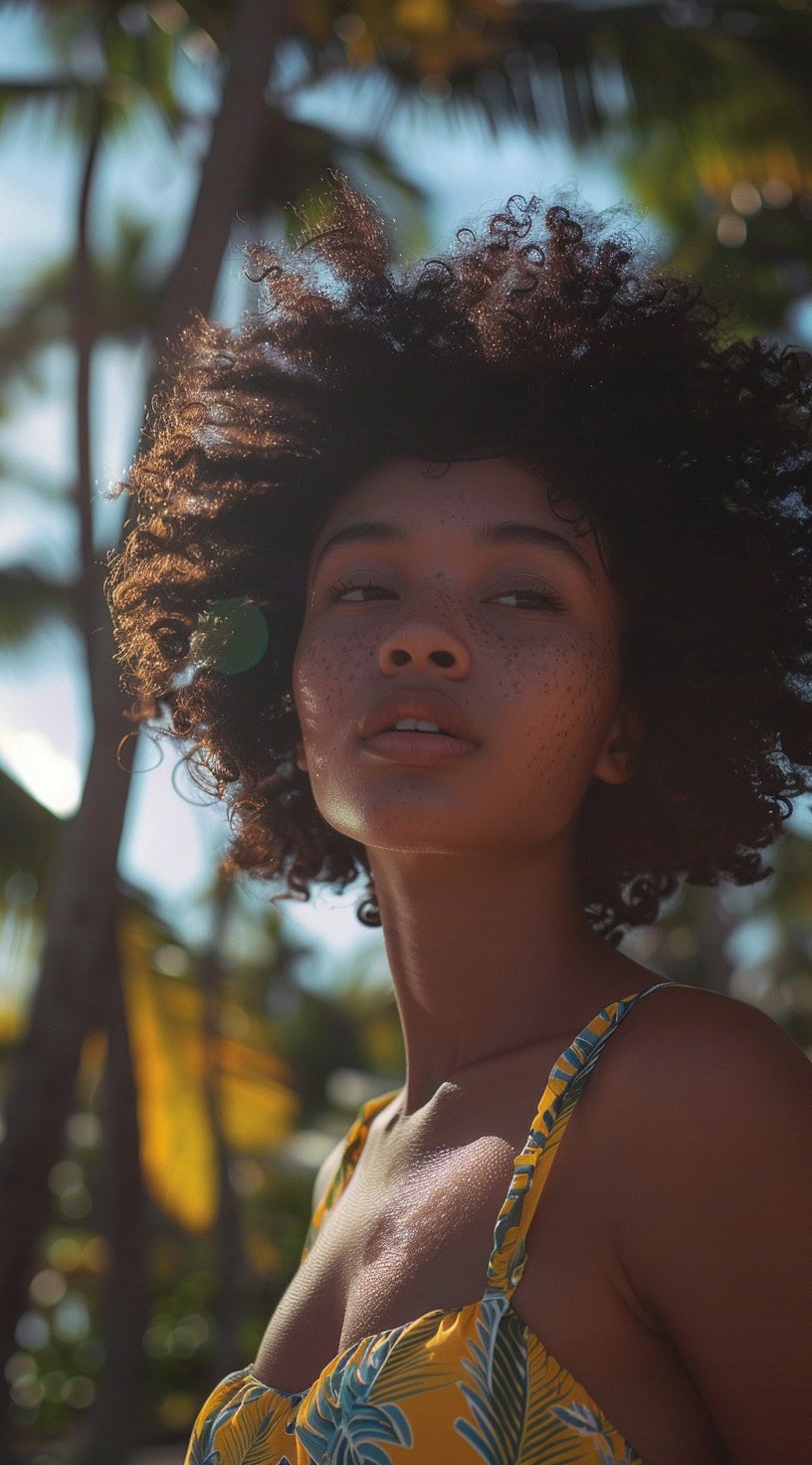 A woman with defined natural afro curls standing in a tropical setting, exuding a carefree vibe.