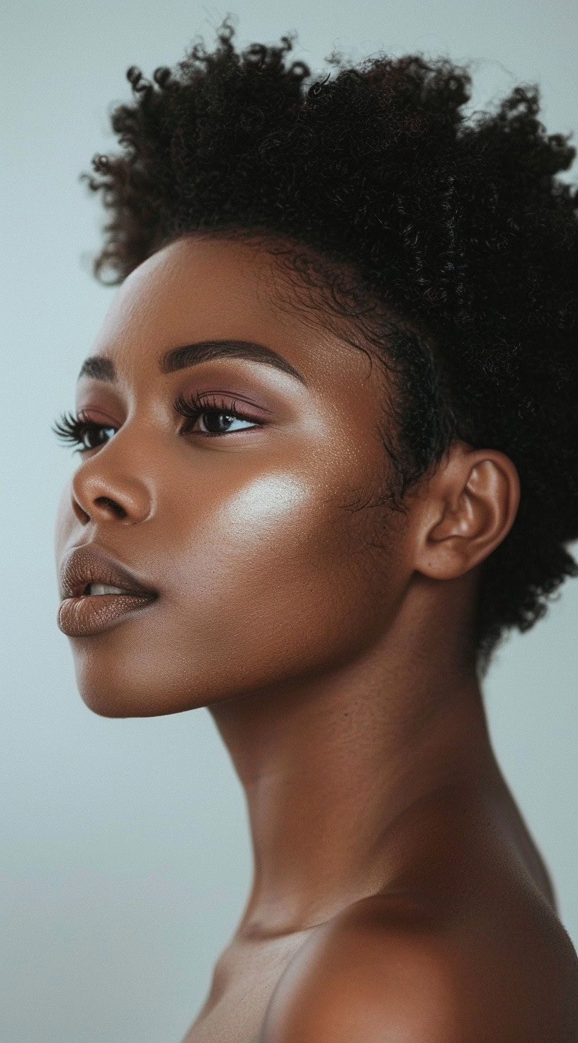 In this photo, a woman with a well-defined, short 4c afro is shown.