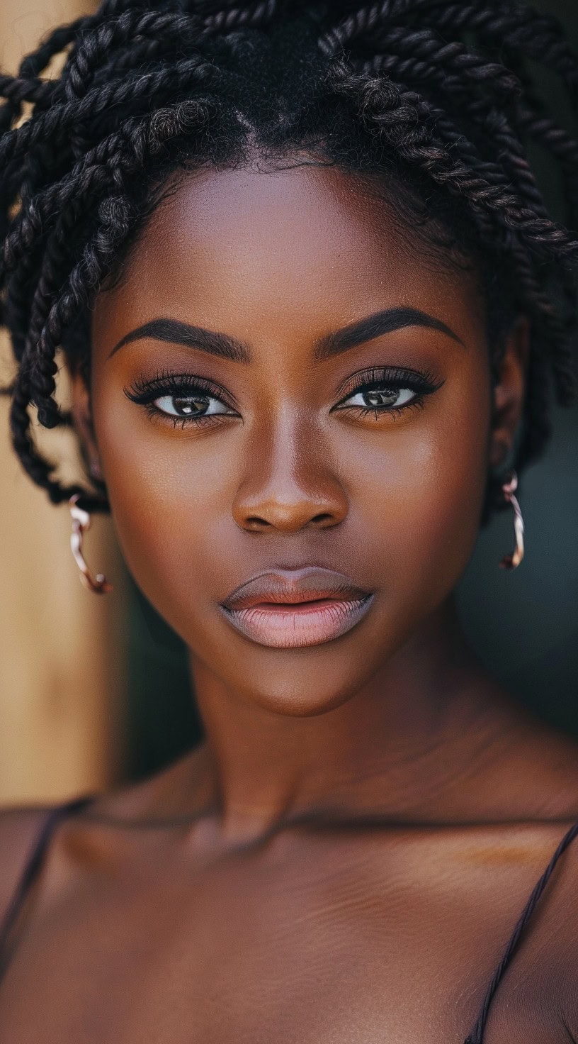 In this photo, a woman with 4c hair styled into defined twists with a center part is shown.