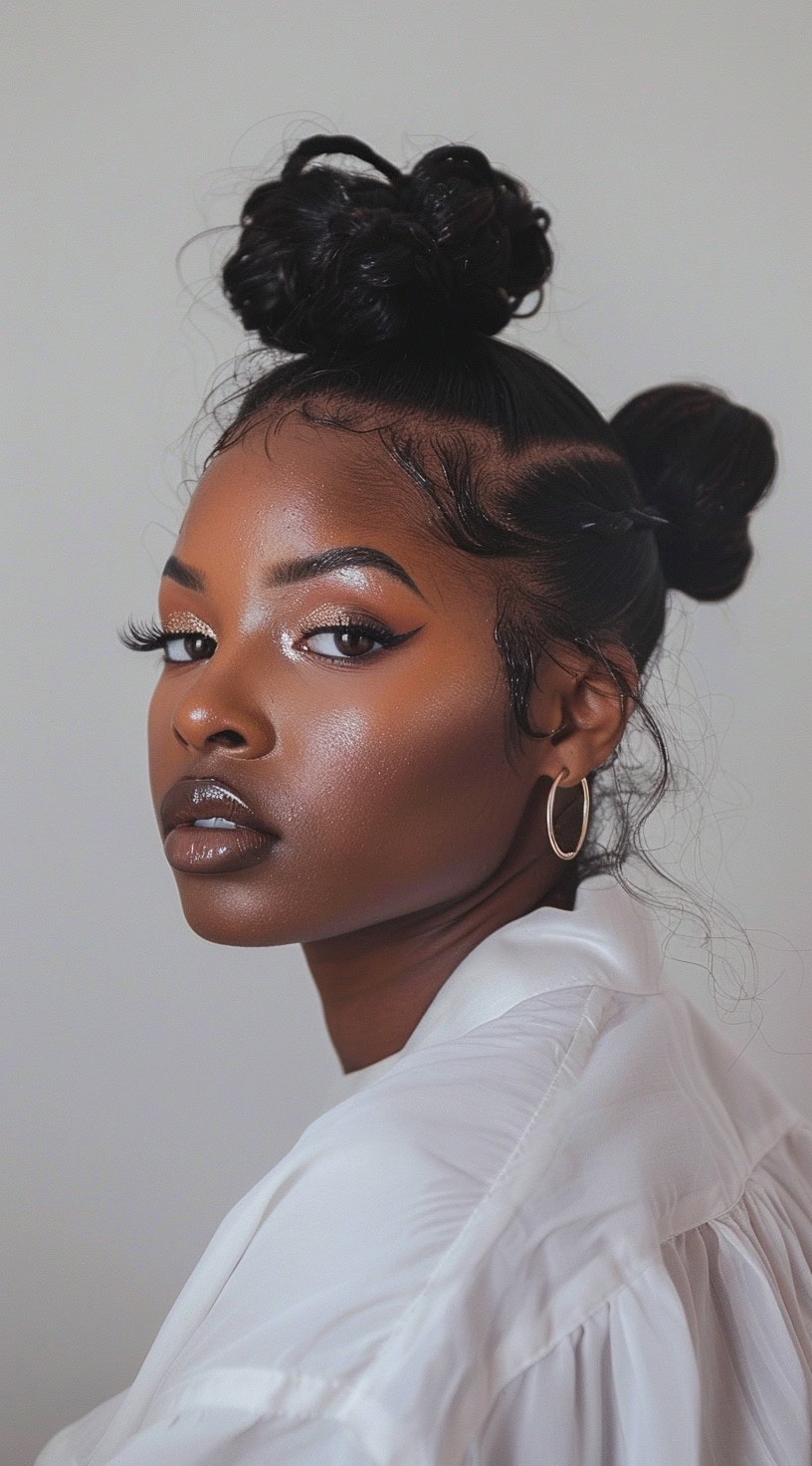 A young black woman with two high buns, edgy baby hairs, and a white shirt, looking confidently at the camera.