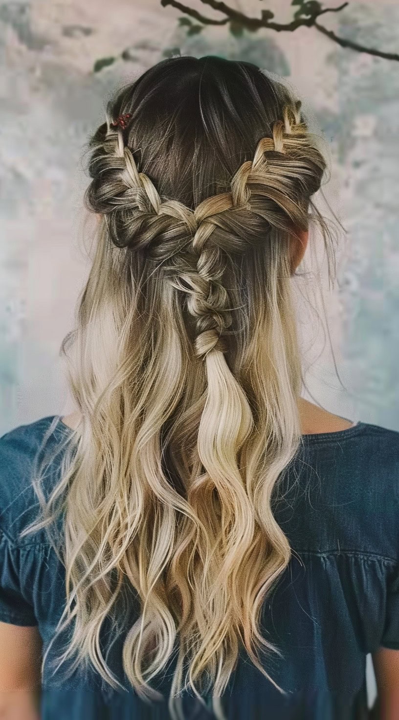 This photo shows a half-up, half-down hairstyle with two fishtail braids merging into one.