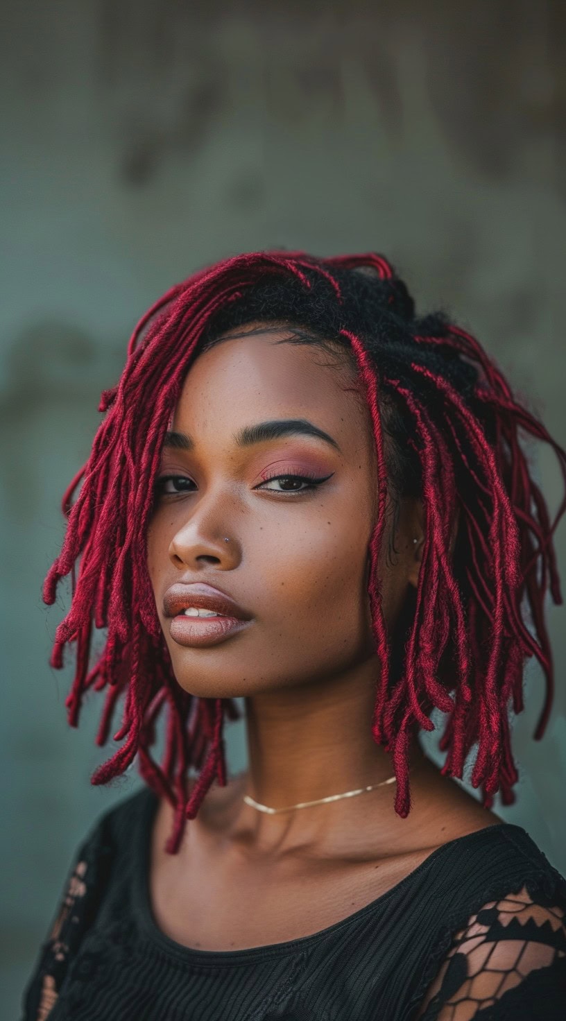 In the photo, a woman with red dreadlocks styled into a bob is shown.