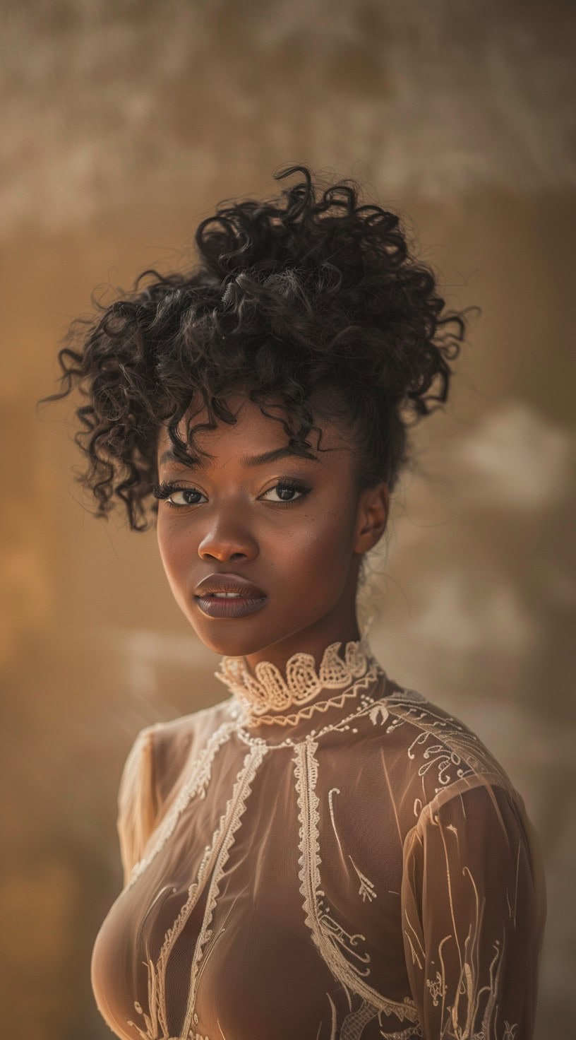 A pineapple updo with curly hair styled high on the head, worn by a woman in a lace top.