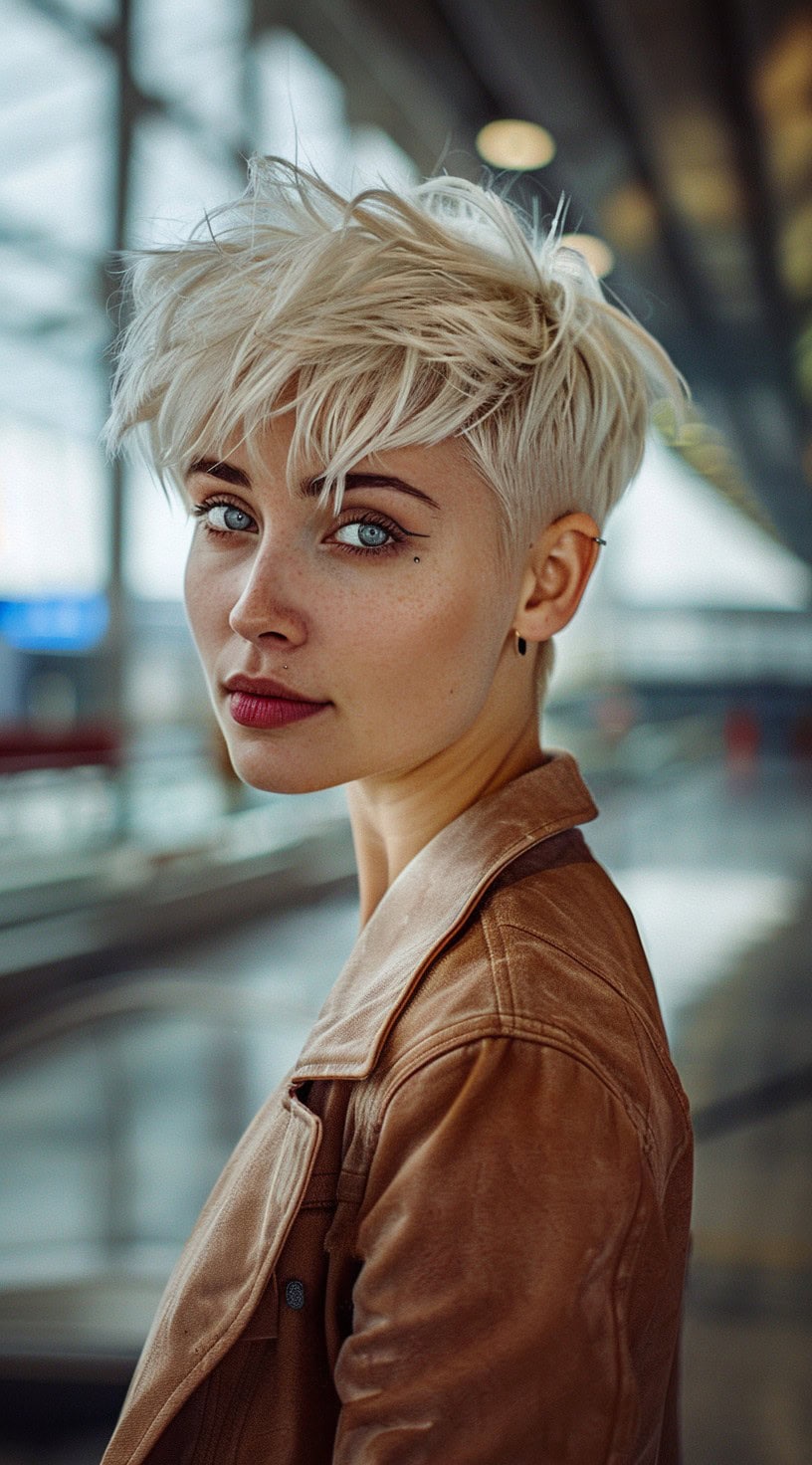 A woman with an edgy platinum pixie cut and a leather jacket.