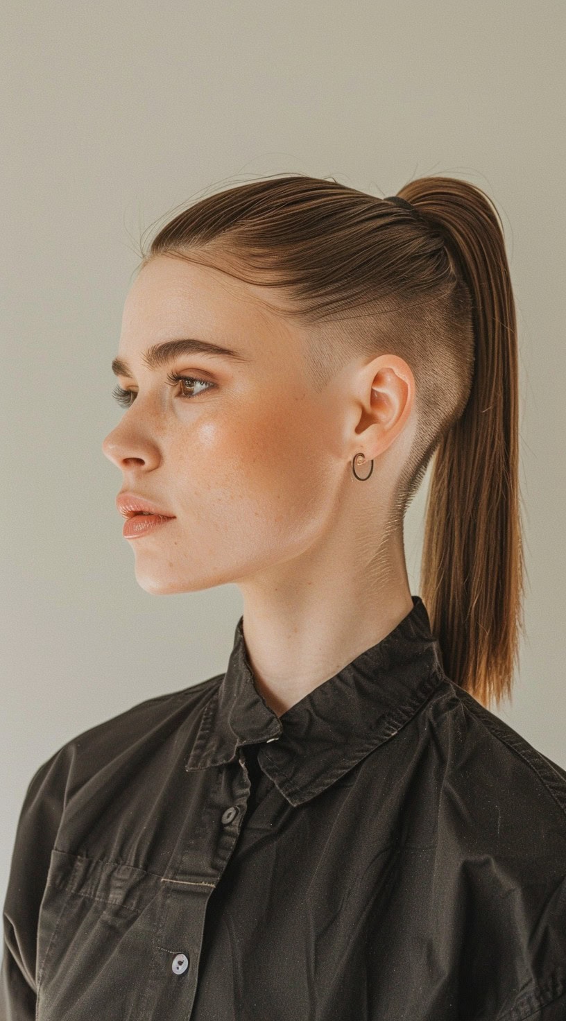 A woman with a short, sleek ponytail and an undercut, wearing a black shirt.