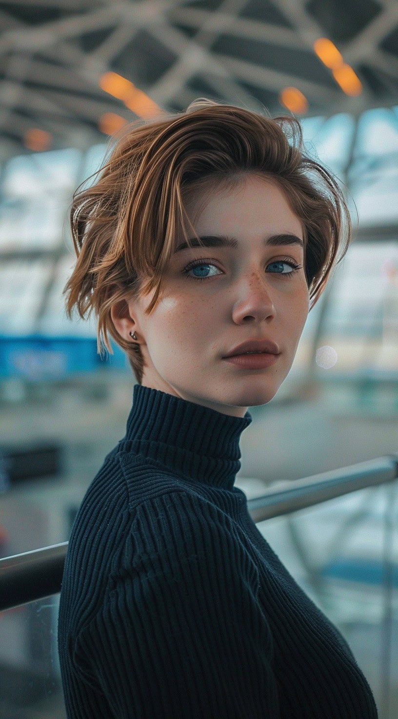 A woman with a tousled bob hairstyle looking over her shoulder.