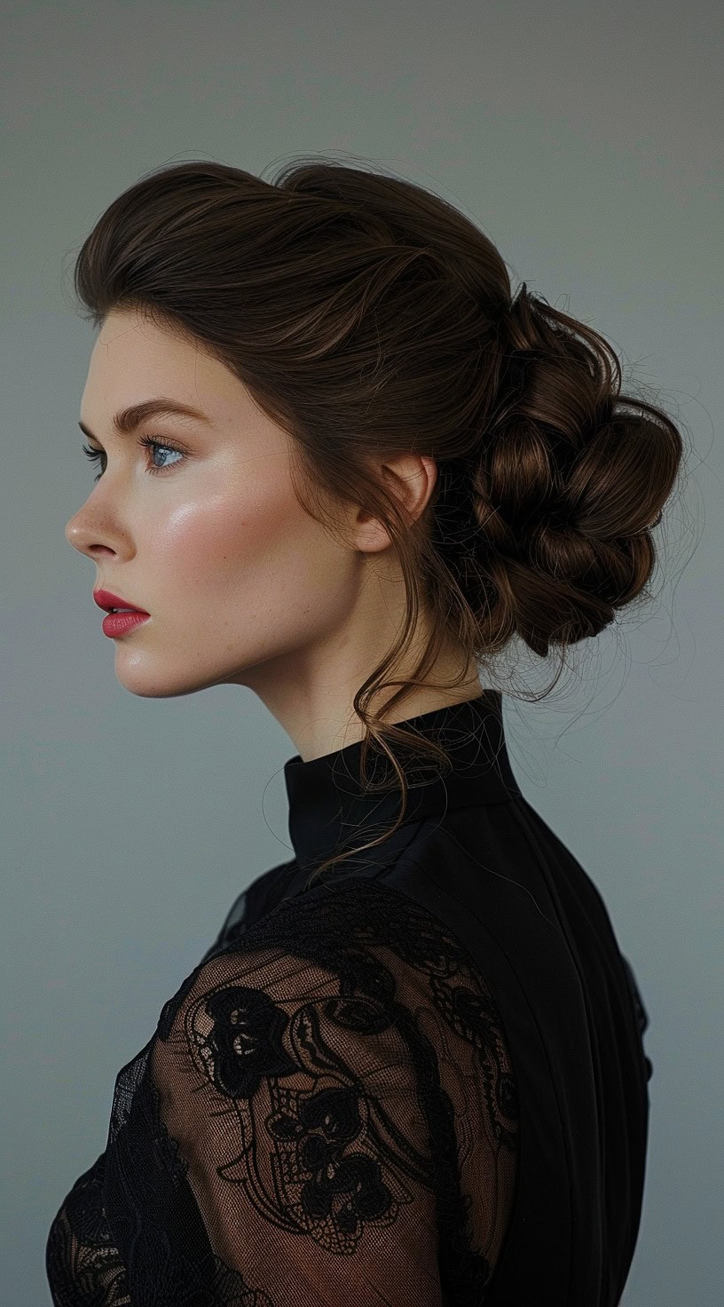 In this photo, a woman with dark brown hair styled in an elegant chignon is shown in profile.