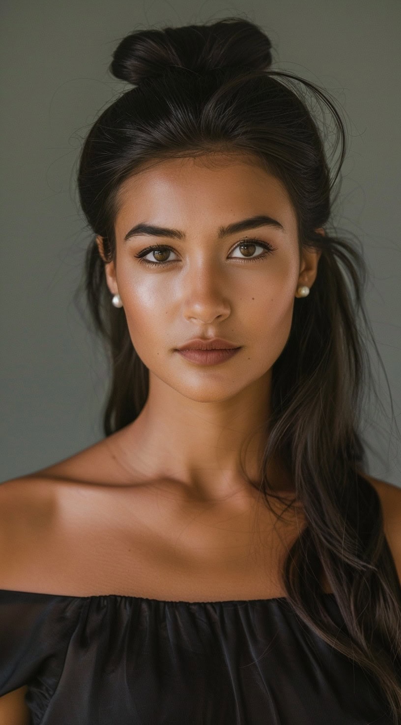 In the photo, a woman with an elegant half-up half-down hairstyle featuring a high bun and loose hair cascading down is shown in a front view.