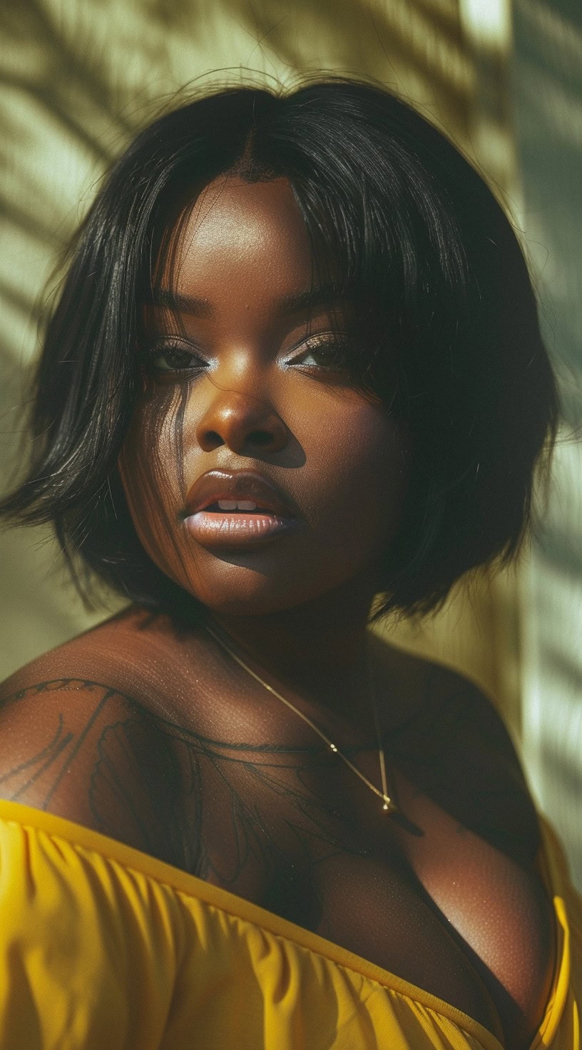 This image shows a black woman with a face-framing layered bob, styled to enhance her round face shape.