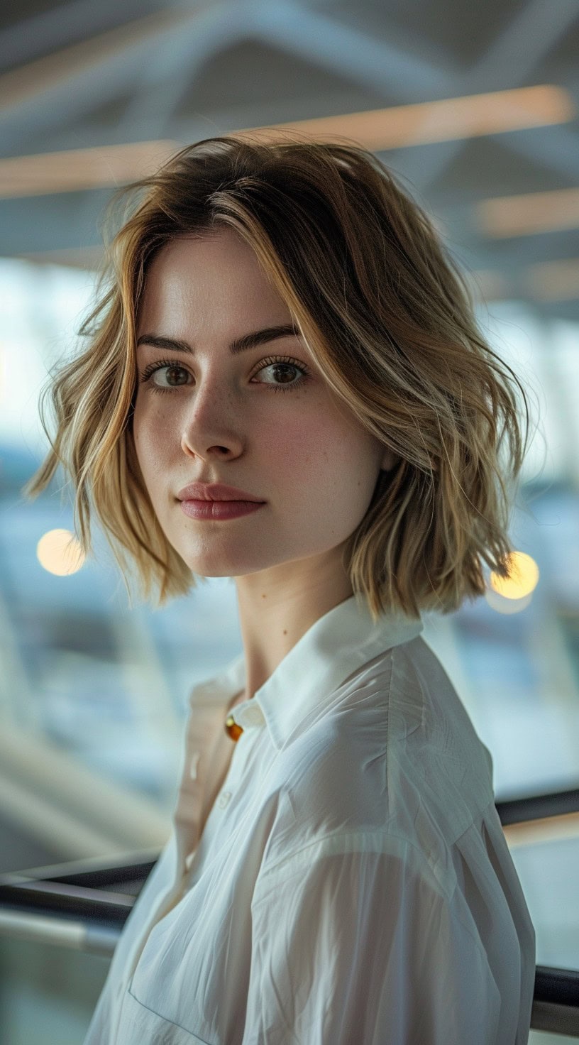 A woman with a layered bob hairstyle that frames her face.