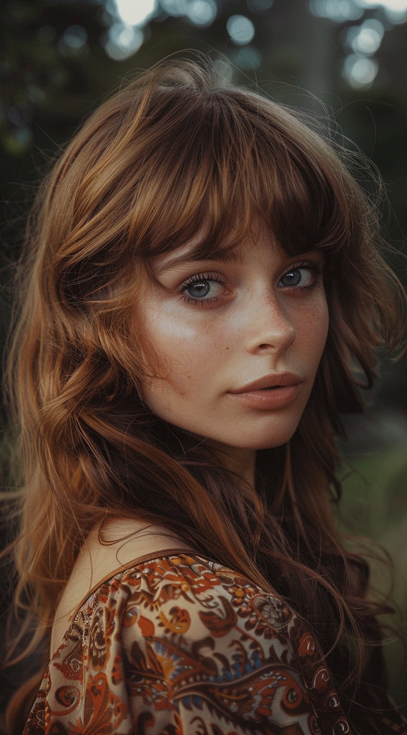 Close-up of a woman with faux bowl bottleneck bangs and long, naturally wavy hair.