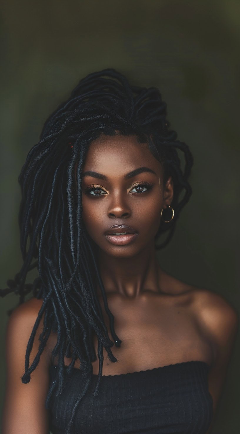 Faux locs styled in long, flowing sections on a woman with a confident expression.