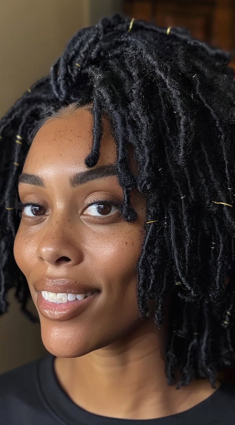 Faux locs are soft, textured locs styled with gold hair cuffs, shown on a smiling woman.