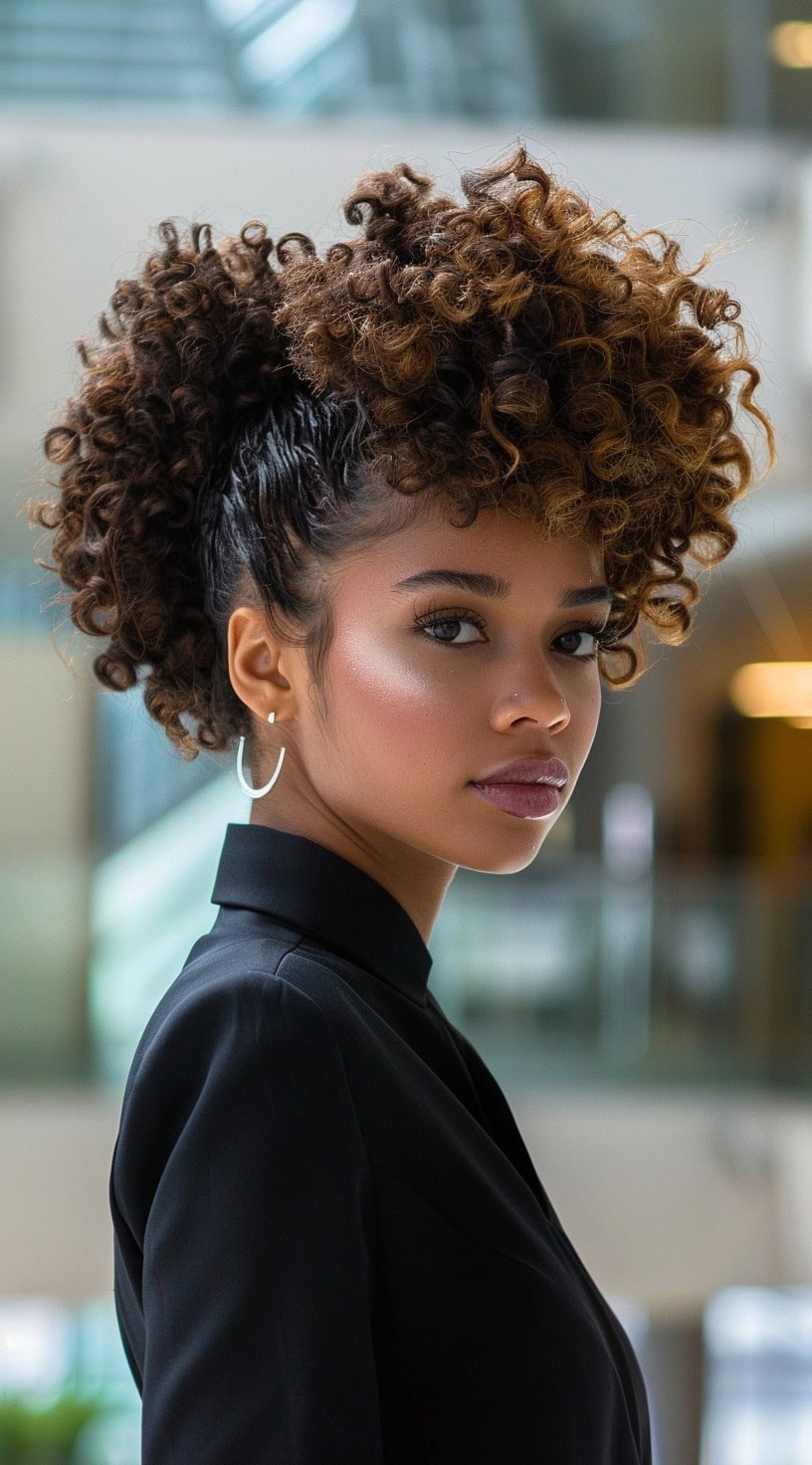 This photo shows a woman with curly hair styled into a faux mohawk.