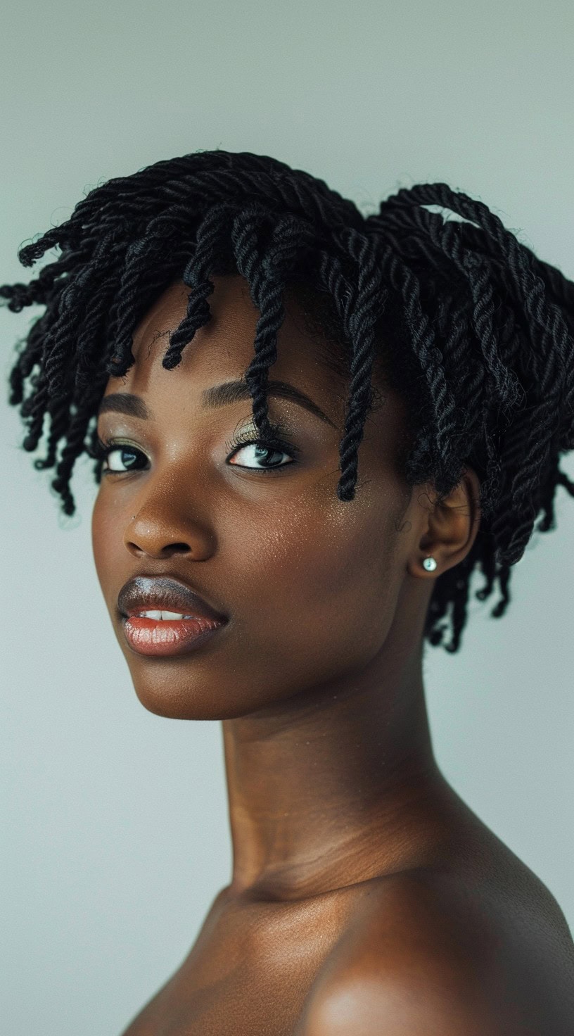 This photo depicts a woman with feathered crochet twists creating a soft and airy look.