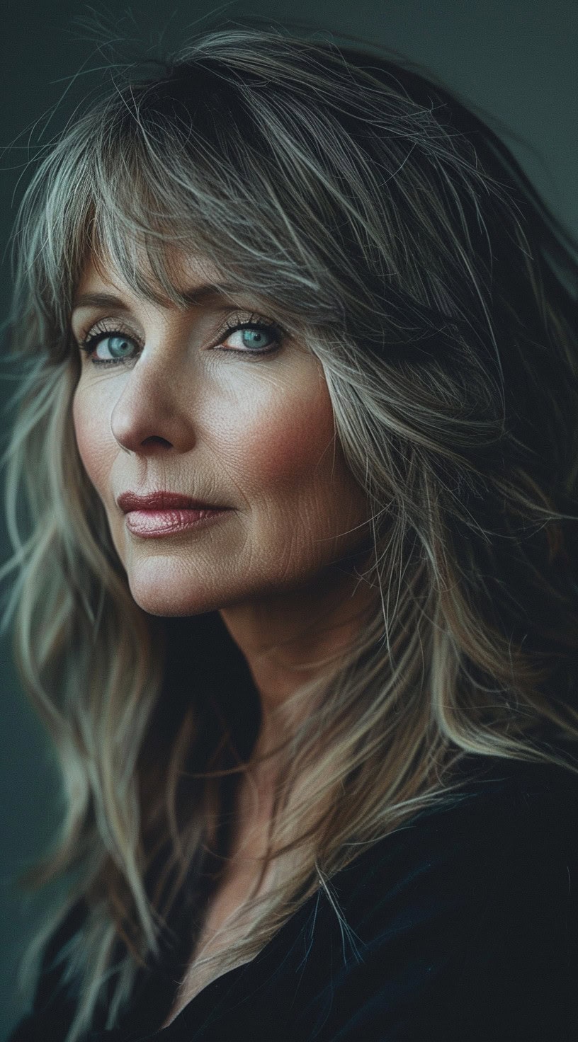 Feathered layers hairstyle on a woman with wavy, silver hair.