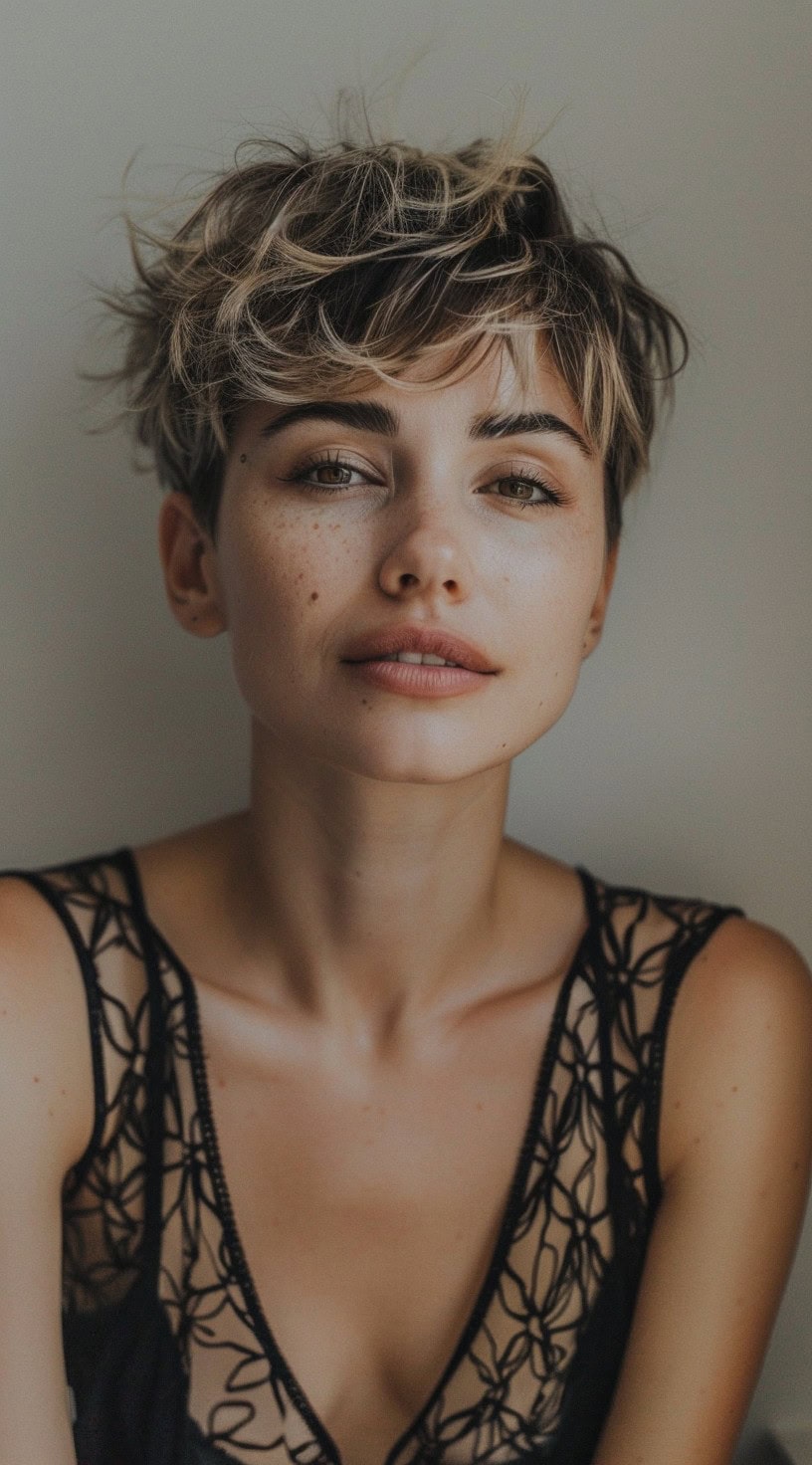 Short, tousled pixie cut with feathered bangs.